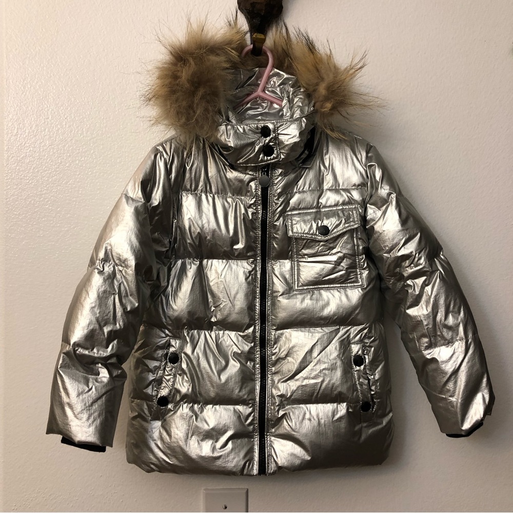 Girls' Puffer Coat with Real Fur in Silver